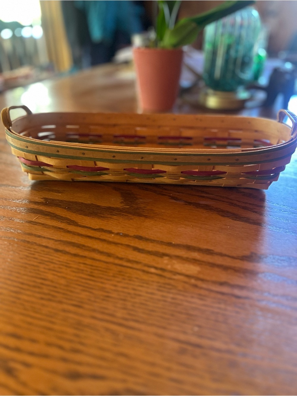 Longaberger 15" Long Bread/Cracker Basket Combo Red Green Weave Set